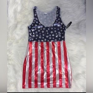Bodyzone American Flag Bodycon Shiny Tank Dress Red White and Blue One Size